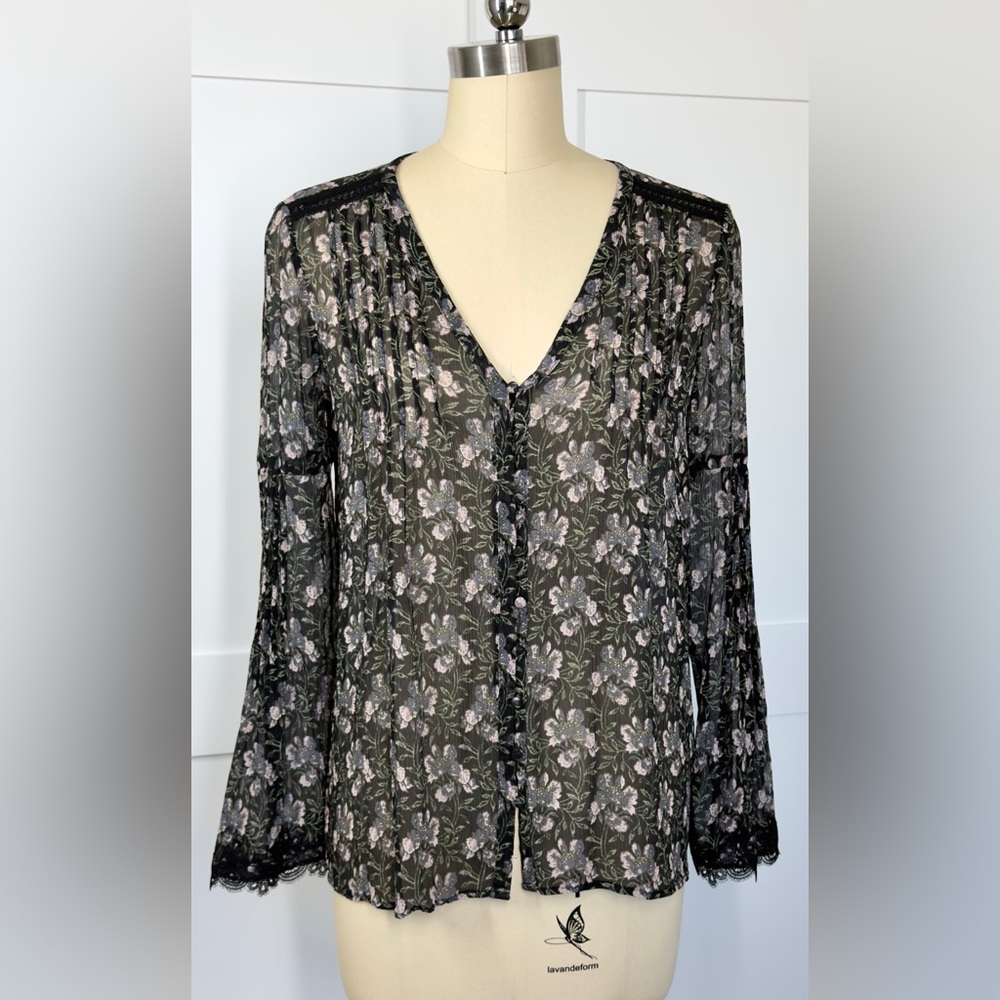 NWOT PAIGE Storm Cloud Floral Silk Clio V-Neck Button Down Blouse